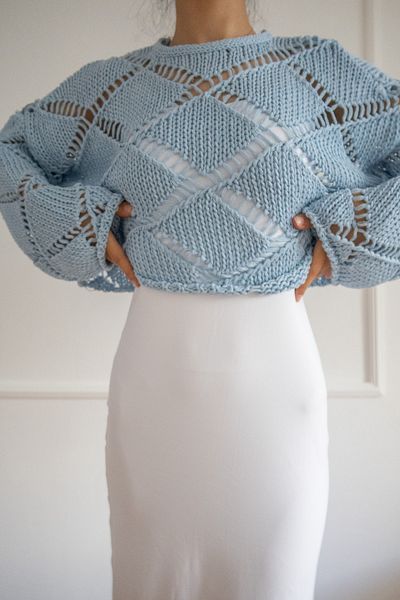 kiari Baklava Pattern Baby Blue Openwork Knitted Crop