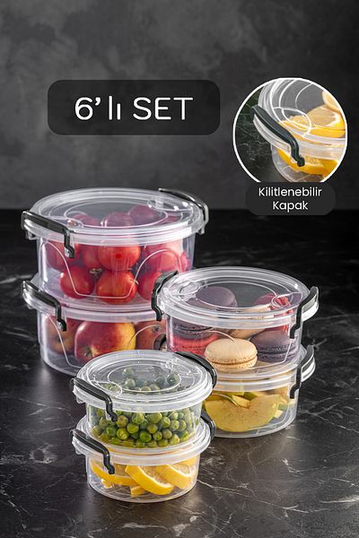 Meleni Home Set of 6 - Lenora Lockable Food Container with Lid - Round Transparent Storage Container 2x(300-600-1200ml)
