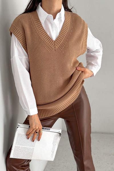 FEMELLE Women's Light Brown Standard Size V-Neck Knitwear Sweater