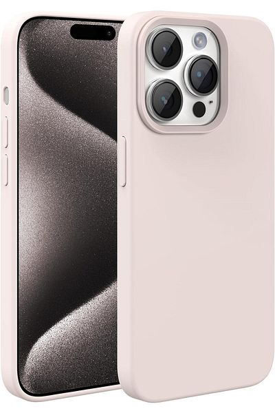 HyperAge غطاء حماية من السيليكون الوردي الفاتح لهاتف iPhone 15 Pro مقاوم للبقع من الداخل من جلد الغزال وقابل للمسح وغطاء مرتفع للكاميرا