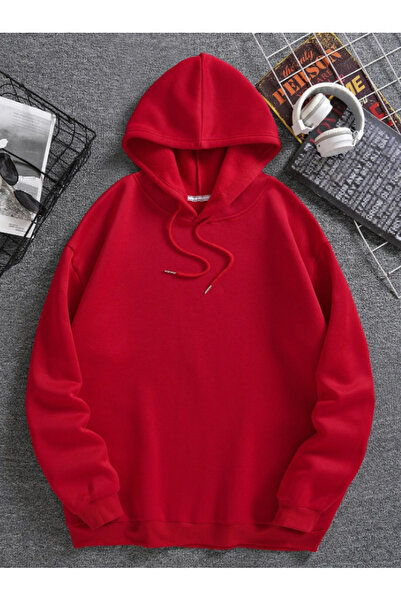 one button Унисекс червена качулка с джобове тип кенгуру червена качулка