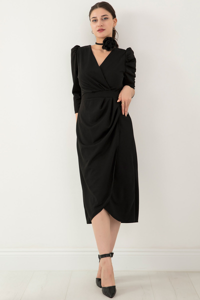 PULLIMM Kruvaze Yaka Gül Detay Elbise NY4008