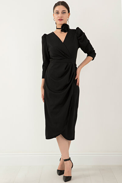 PULLIMM Kruvaze Yaka Gül Detay Elbise NY4008