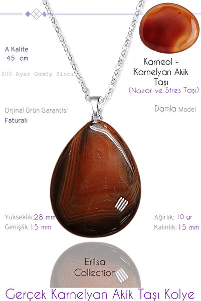 Tesbih Atölyesi Sertifikalı Damla Model Karnelyan Akik Taşı Kolye - Küçük Boy