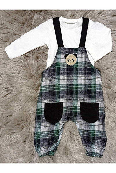 krm kerem bebe Panda Figured Plaid Salopette Baby Set