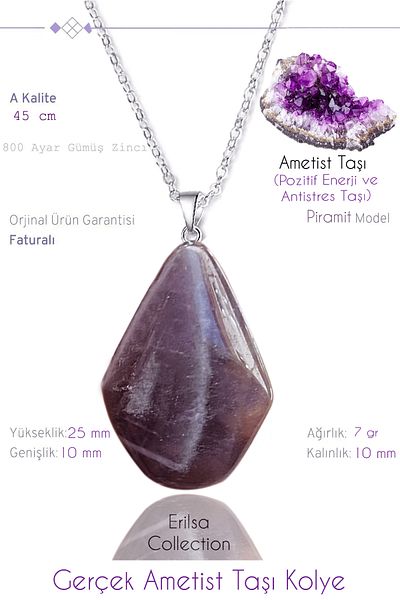 Tesbih Atölyesi Certified Real Pyramid Model Amethyst Stone Necklace