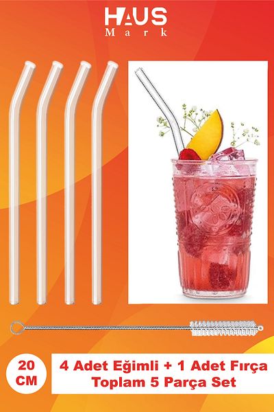 HAUSMARK 4Pcs Glass Straws 20cm length, 1Pcs Cleaning Brush, 1st Quality thermosilicate borosilicate glass