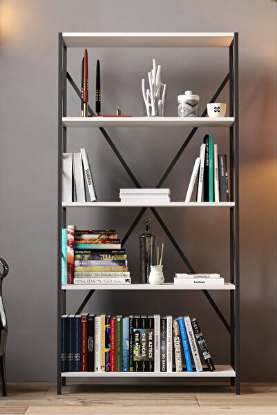 Cosargroup Dekoratif 5 Raflı Kitaplık Geniş Metal Kitaplık Dosya Kitap Rafı Ofis Salon Raf 90x180cm Siyah Beyaz