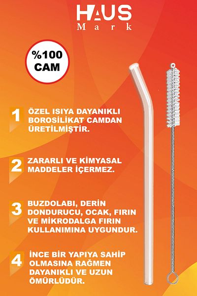 HAUSMARK 4Pcs Glass Straws 20cm length, 1Pcs Cleaning Brush, 1st Quality thermosilicate borosilicate glass