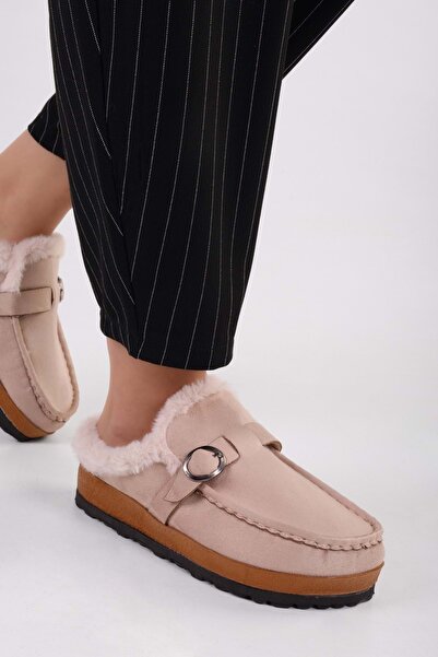 Shoeberry Kadın Softie Bej Süet İçi Tüylü Düz Terlik