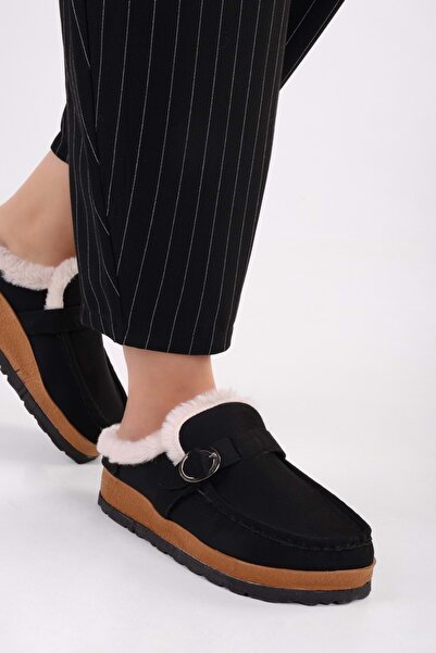 Shoeberry Γυναικείες Softie Black Suede Furry Flat Παντόφλες