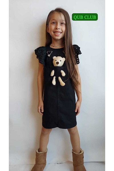QUB ŞEKER Girl's Teddy Bear Black Gilet Denim Dress Detail in the Video
