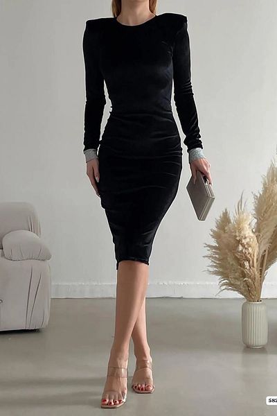 Planet Prestige Rochie din țesătură din catifea de lungime midi cu detaliu de mânecă neagră