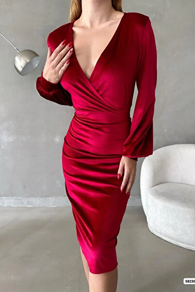Genel Markalar Kırmızı Kadife Kumaş Uzun Kollu Kruvaze Elbise