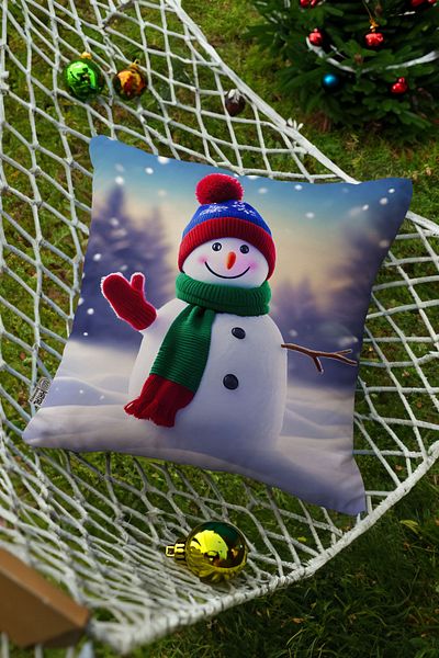 Hayal Dekoratif Christmas Themed Snowman Patterned White Blue Digital Printed Decorative Pillow and Cushion Cover