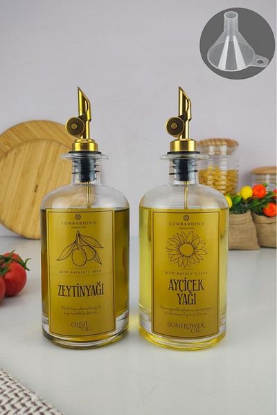 Digithome Lombardino 2-Piece Glass Olive Oil and Liquid Bottle Automatic Lid Gold Label Oil Pot 500 ml