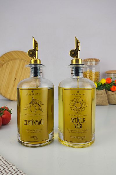 Digithome Lombardino 2-Piece Glass Olive Oil and Liquid Bottle Automatic Lid Gold Label Oil Pot 500 ml