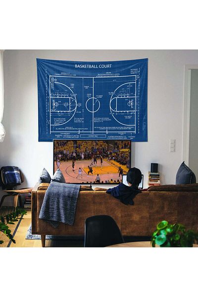 The Lucid Lab Planul terenului de baschet - Tapet pentru perete teren de baschet - 100 Cm X 135 Cm