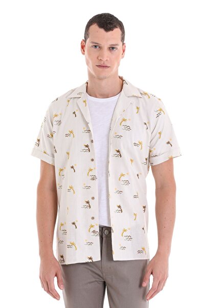 Hatemoğlu Коричнева сорочка з коротким рукавом, з принтом, коміром-стійкою, 100% бавовна, зручний крій