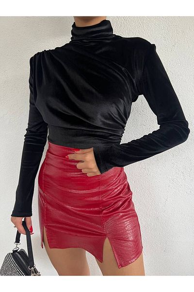 Fav Style Γυναικείο γιακά με ώμους και μέση μακρυμάνικη βελούδινη μπλούζα μαύρη