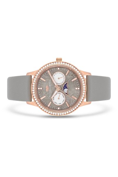 Rhodenwald & Söhne Multifunktions Damen Multifunktionsuhr roségold Echtleder grau