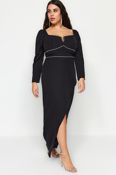 Trendyol Curve Black Jewelled Embroidered Woven Evening Dress with Long Sleeves and Slits - TBBAW24AD00001