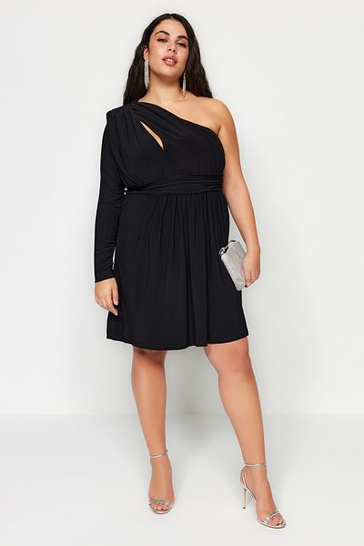 Trendyol Curve Black Waist Opening Single Sleeve Long Knitted Dress TBBSS23AH00258