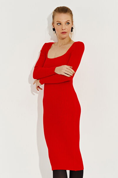 Cool & Sexy Női Vörös tér galléros kötöttáru Midi ruha SF2520