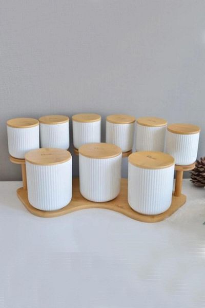 AROW Adel 2-Layer Porcelain 9-Piece Spice Rack with Bamboo Lid and Stand