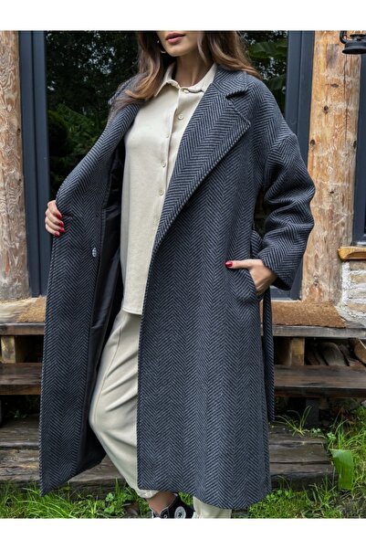 Elif Özbey Butik Antracitový dlouhý kabát s rybím zadním páskem