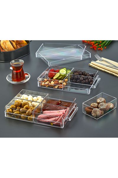 ASlife 2 Pieces of 4 Acrylic Rectangular Breakfast Bowls with Covered Tray