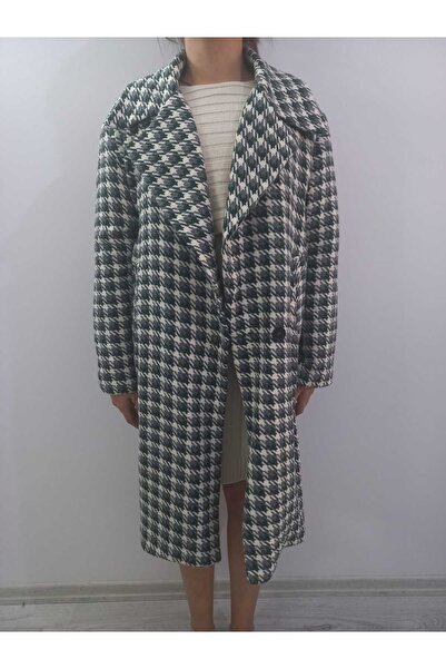 ASHILDA KAZ AYAĞI DESENLİ ASTARTLI SİYAH BEYAZ KABAN