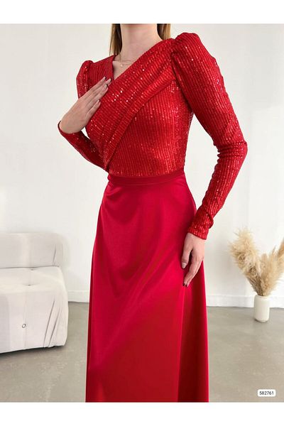 Masspera Double Breasted Collar Long Sleeve Sequin Sequin Design Maxi Length Evening Dress