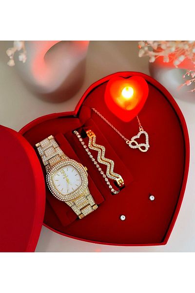 Has Gold Watch Bracelet and Earring Heart Set Box with Gift