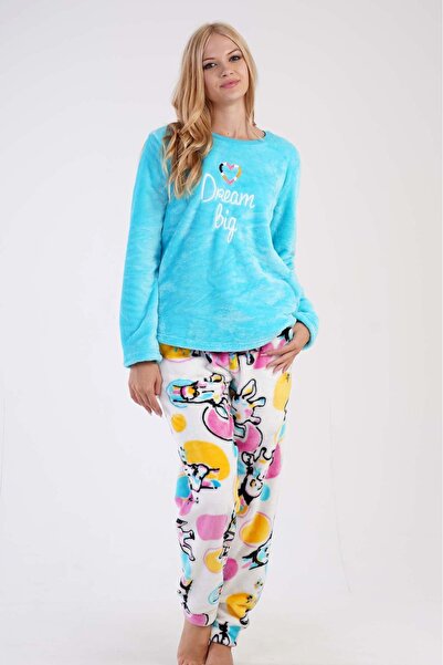 VİENETTA Жіночий синій комплект піжами Welsoft з круглим коміром, довгими рукавами, кишенями та манжетами з візерунком