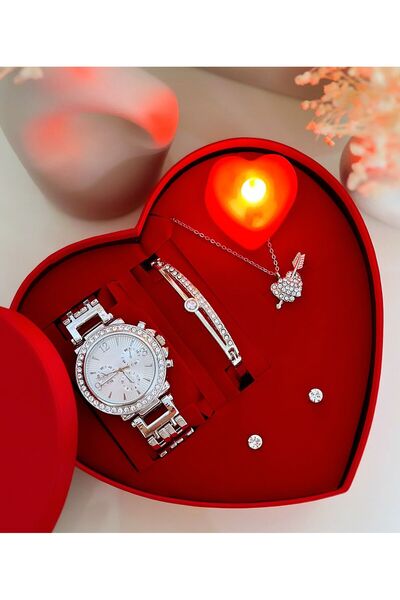 Has Gümüş Saat Bileklik Kolye ve Küpe Hediyeli Kalp Set Kutu