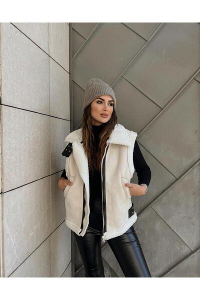 By Hanife Beyazateş Kadın İçi Kürklü Süet Deri Görünümlü Yelek