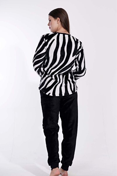 VİENETTA Kadın Welsoft Siyah Beyaz Zebra Desenli Yuvarlak Yaka Manşetli Uzun Kollu Pijama Takımı