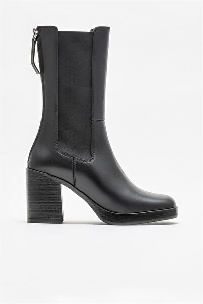 Elle Shoes Siyah Deri Kadın Topuklu Bot