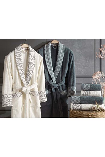 Mandaş Dantela Home Premium Cotton Jacquard Family Bathrobe Set-mery Cream Pe...