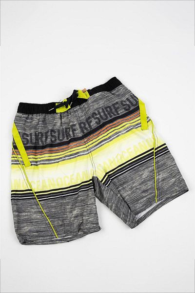 Adisia Boy's Pistachio Green Yellow Gray Stripe Detailed Surf Lettering Shorts Swimsuit