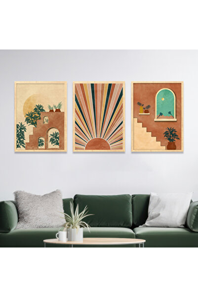 Dekorsiahome Ahşap Çerçeveli Dekoratif 3lüTablo Seti Neutral Desert