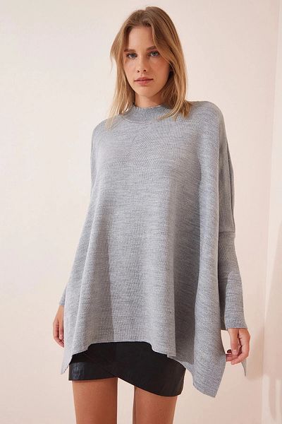 hazelin Women's Gray Oversize Slit Poncho Knitwear Sweater HZL23W-BD1100761