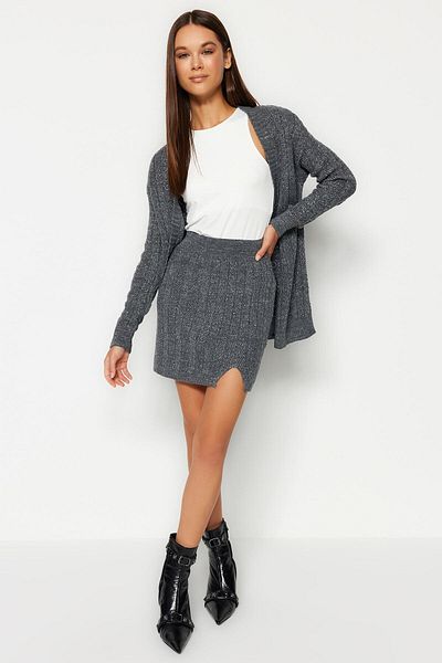 Trendyol Collection Anthracite Glittered Skirt-Cardigan Knitwear Top and Bottom Set TWOAW24AU00090