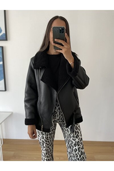 Myrum butik Siyah İçi Peluş Premium Deri Mont