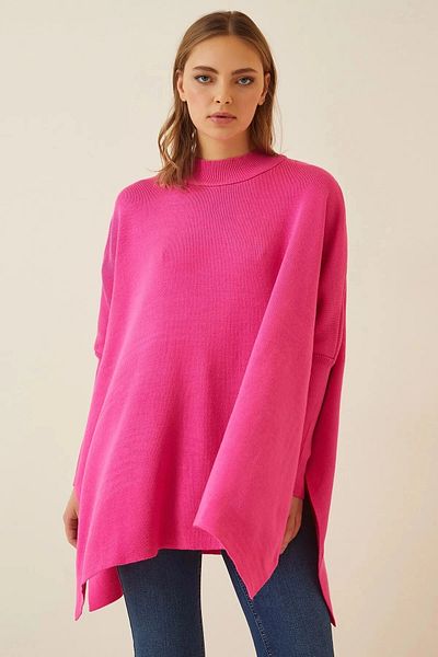 hazelin Women's Vivid Pink Oversize Slit Poncho Knitwear Sweater HZL23W-BD1100761