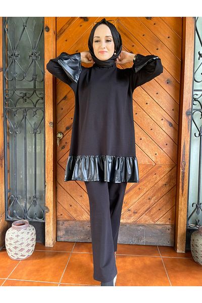 AYSUN AYDEMİR black leather detail hijab double tracksuit set