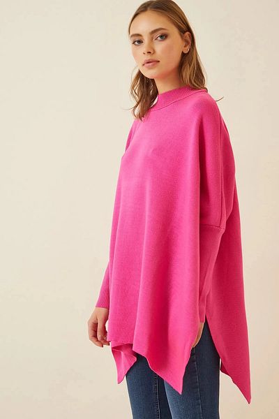 hazelin Women's Vivid Pink Oversize Slit Poncho Knitwear Sweater HZL23W-BD1100761