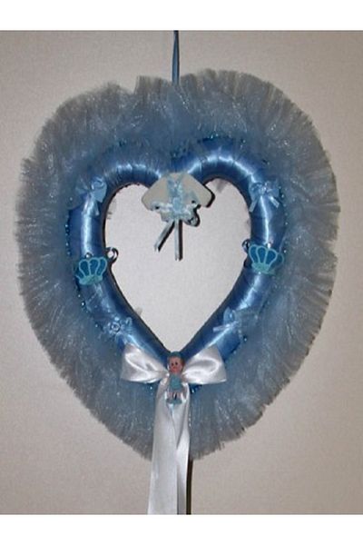 Kazanabil HEART BABY BOY DOOR DECORATION WITH RIBBON TULLE PONPOMS BLUE