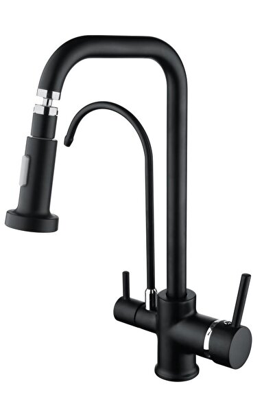 Vilas Dallas Siyah Kare Su Arıtma 3 Çıkışlı Mutfak Evye Batarya